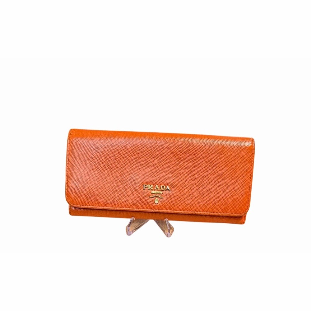 Prada Milano Saffiano LeatherWallet Orange Continental Flap Zip Coin Pocket